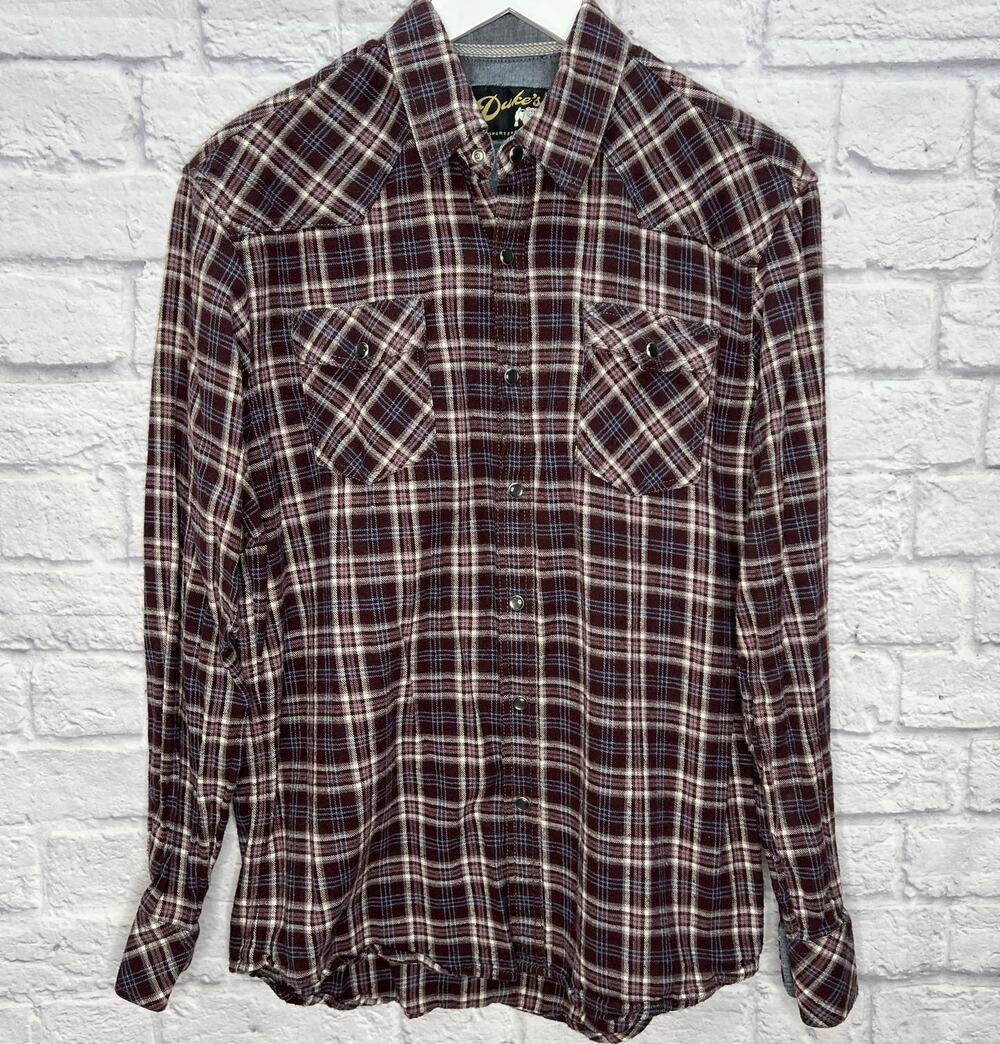 Duke's Mens Pearl Snap Button Plaid Flannel Shirt Size L Maroon Pockets Western